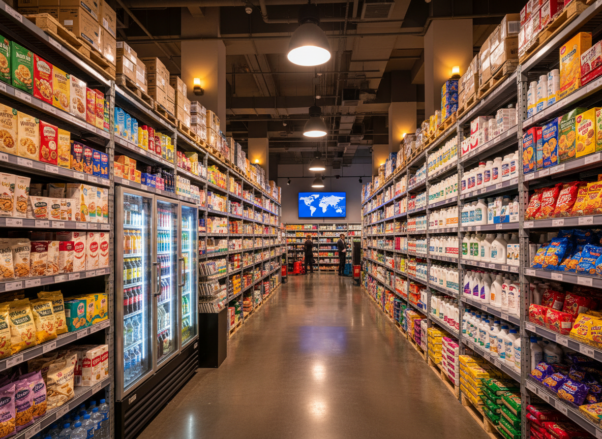 Wide hero shot of a professional FMCG warehouse and trade showroom: neatly organized shelves stocked with colorful branded food, beverage, personal care, and cleaning product packages. Warm ambient lighting, modern industrial setting, global trade atmosphere. Photorealistic, wide-angle, high-end commercial photography style.